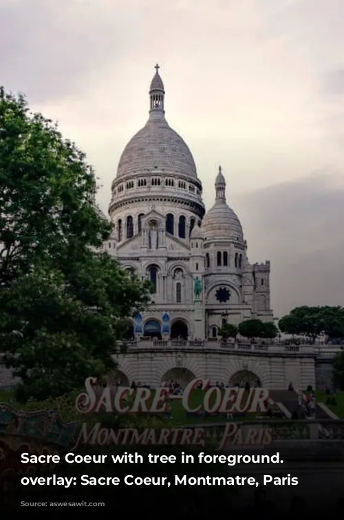 Sacre Coeur with tree in foreground. Text overlay: Sacre Coeur, Montmatre, Paris