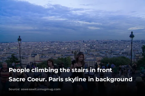 People climbing the stairs in front of Sacre Coeur. Paris skyline in background