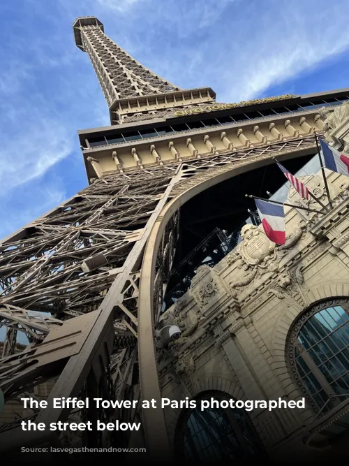 The Eiffel Tower at Paris photographed from the street below