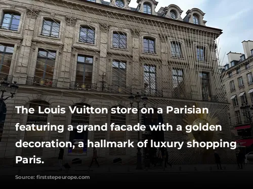 The Louis Vuitton store on a Parisian street, featuring a grand facade with a golden sunburst decoration, a hallmark of luxury shopping in Paris.