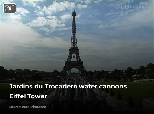 Jardins du Trocadero water cannons and Eiffel Tower