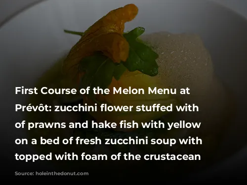 First Course of the Melon Menu at Restaurant Prévôt: zucchini flower stuffed with mousse of prawns and hake fish with yellow zucchini, on a bed of fresh zucchini soup with verbena, topped with foam of the crustacean