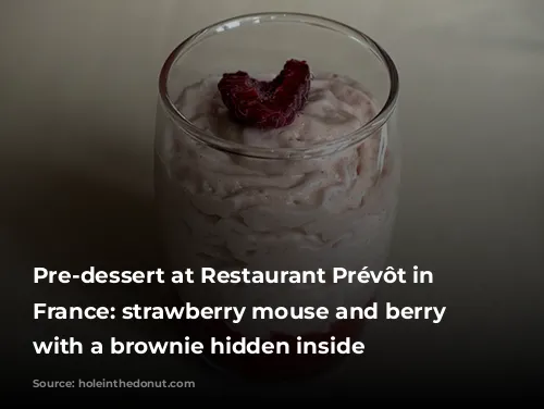 Pre-dessert at Restaurant Prévôt in Cavaillon, France: strawberry mouse and berry coulis, with a brownie hidden inside