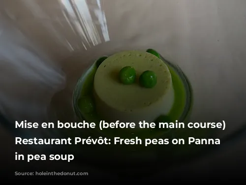 Mise en bouche (before the main course) at Restaurant Prévôt: Fresh peas on Panna Cotta in pea soup