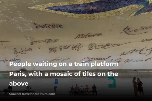 People waiting on a train platform in Paris, with a mosaic of tiles on the ceiling above