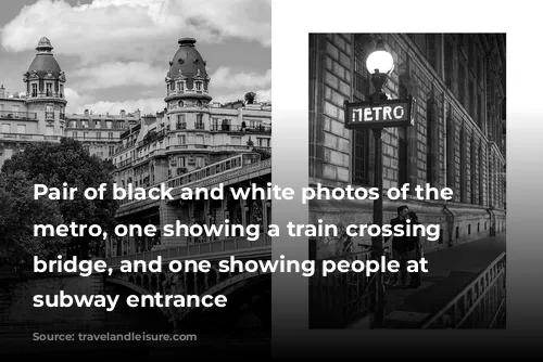 Pair of black and white photos of the Paris metro, one showing a train crossing a bridge, and one showing people at a subway entrance