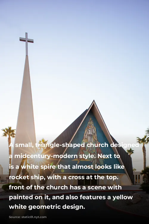 A small, triangle-shaped church designed in a midcentury-modern style. Next to it is a white spire that almost looks like a rocket ship, with a cross at the top. The front of the church has a scene with Jesus painted on it, and also features a yellow and white geometric design.