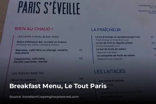 Breakfast Menu, Le Tout Paris 