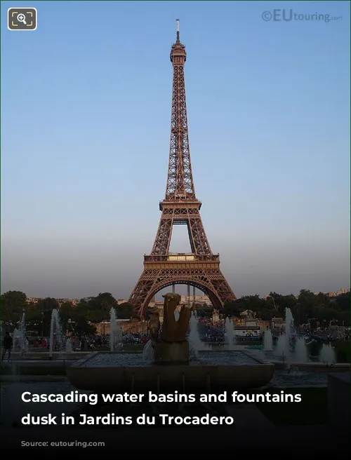 Cascading water basins and fountains at dusk in Jardins du Trocadero