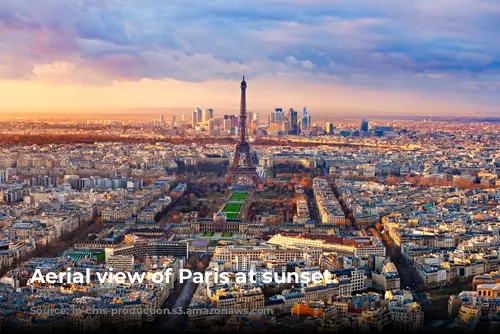 Aerial view of Paris at sunset.