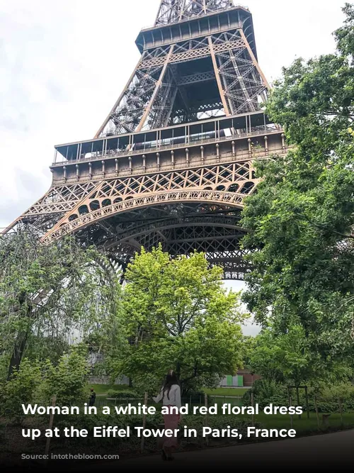 Woman in a white and red floral dress looking up at the Eiffel Tower in Paris, France