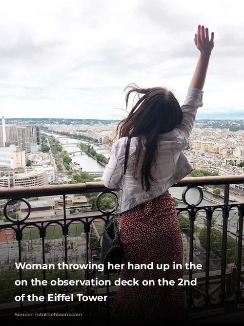 Woman throwing her hand up in the air on the observation deck on the 2nd floor of the Eiffel Tower