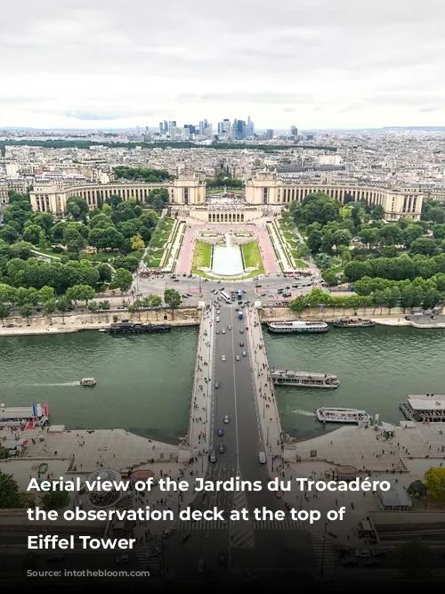 Aerial view of the Jardins du Trocadéro from the observation deck at the top of the Eiffel Tower