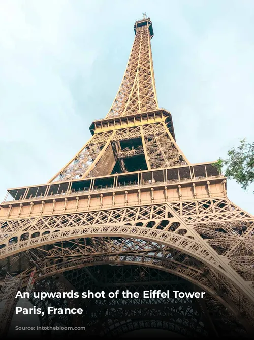 An upwards shot of the Eiffel Tower in Paris, France