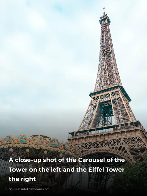 A close-up shot of the Carousel of the Eiffel Tower on the left and the Eiffel Tower on the right