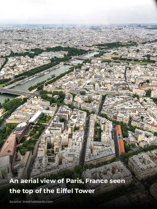 An aerial view of Paris, France seen from the top of the Eiffel Tower