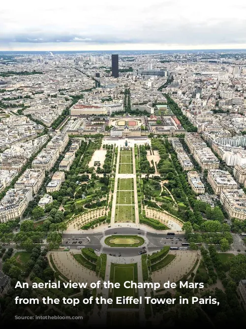 An aerial view of the Champ de Mars seen from the top of the Eiffel Tower in Paris, France