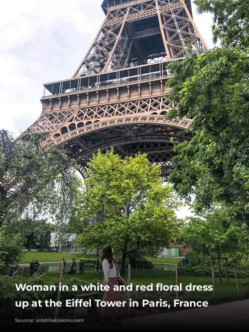 Woman in a white and red floral dress looking up at the Eiffel Tower in Paris, France