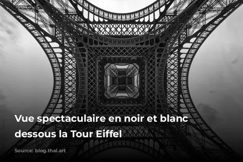 Vue spectaculaire en noir et blanc par dessous la Tour Eiffel