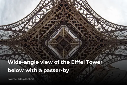 Wide-angle view of the Eiffel Tower from below with a passer-by