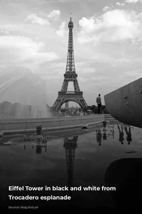 Eiffel Tower in black and white from the Trocadero esplanade