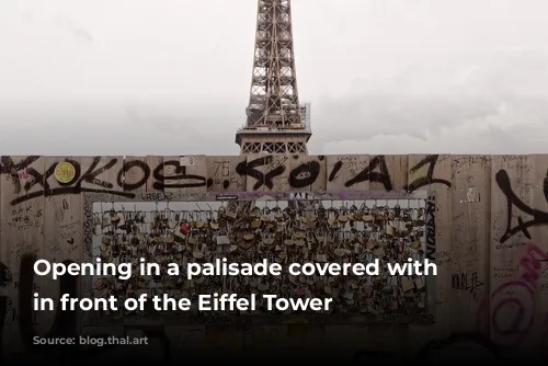 Opening in a palisade covered with padlocks in front of the Eiffel Tower