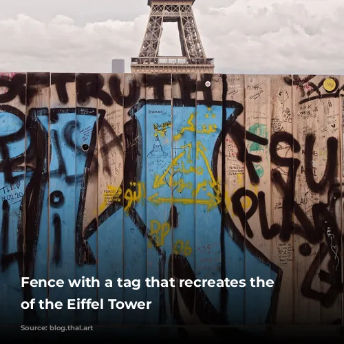 Fence with a tag that recreates the base of the Eiffel Tower