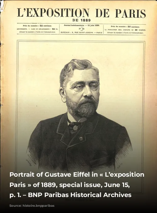 Portrait of Gustave Eiffel in « L’exposition de Paris » of 1889, special issue, June 15, 1889, p. 1. – BNP Paribas Historical Archives