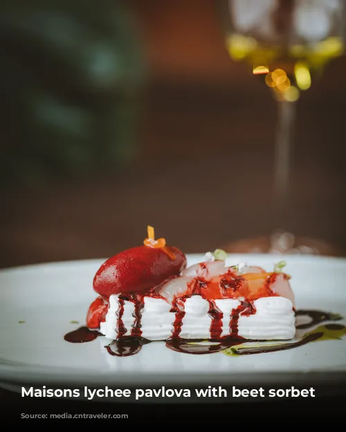 Maisons lychee pavlova with beet sorbet