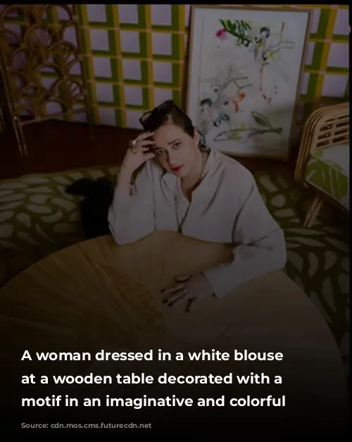 A woman dressed in a white blouse sits at a wooden table decorated with a rabbit motif in an imaginative and colorful room.