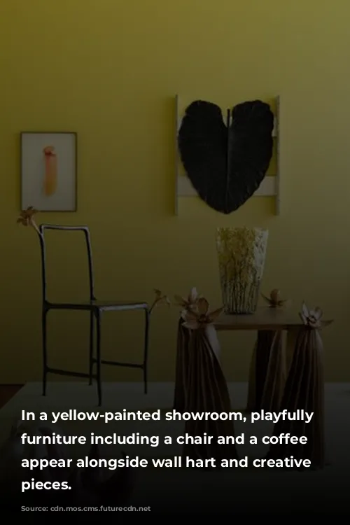 In a yellow-painted showroom, playfully designed furniture including a chair and a coffee table appear alongside wall hart and creative sculptural pieces.