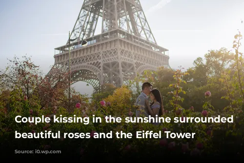 Couple kissing in the sunshine surrounded by beautiful roses and the Eiffel Tower