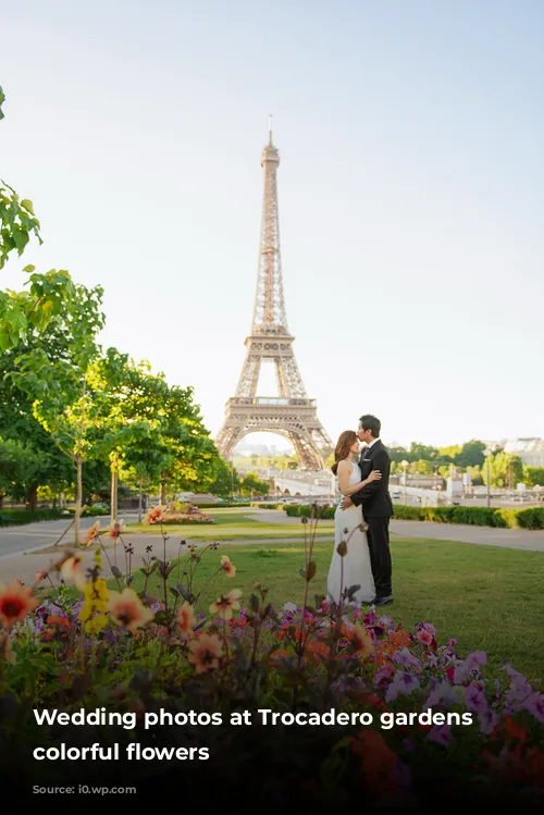 Wedding photos at Trocadero gardens with colorful flowers