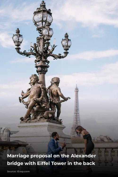 Marriage proposal on the Alexander 3 bridge with Eiffel Tower in the back