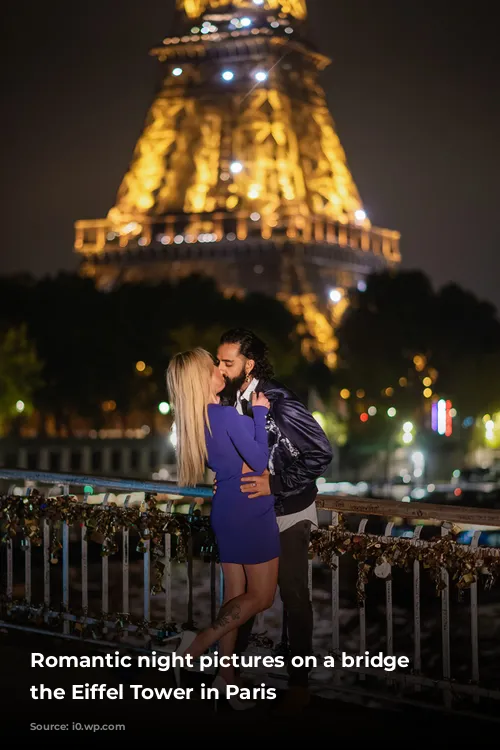 Romantic night pictures on a bridge near the Eiffel Tower in Paris