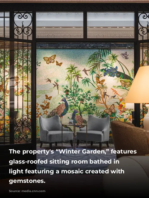 The property's “Winter Garden,” features a glass-roofed sitting room bathed in natural light featuring a mosaic created with cabochon gemstones.