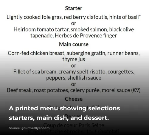 A printed menu showing selections for starters, main dish, and dessert.