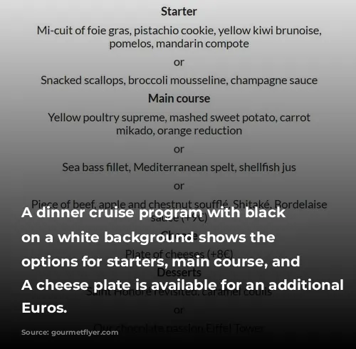 A dinner cruise program with black printing on a white background shows the lunch options for starters, main course, and dessert. A cheese plate is available for an additional 8 Euros.