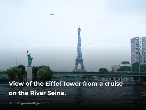 View of the Eiffel Tower from a cruise boat on the River Seine.