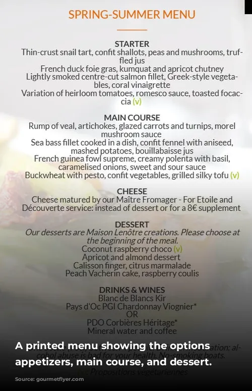 A printed menu showing the options for appetizers, main course, and dessert.