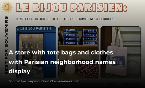 A store with tote bags and clothes emblazoned with Parisian neighborhood names on display