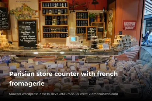 Parisian store counter with french cheeses, fromagerie