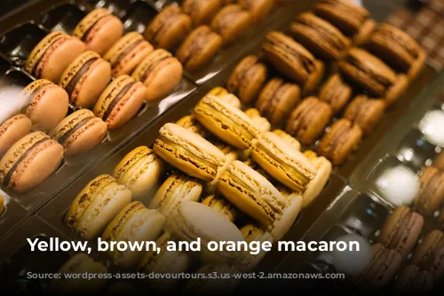 Yellow, brown, and orange macaron cookies