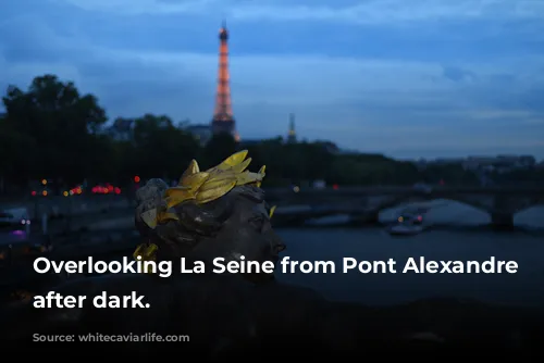 Overlooking La Seine from Pont Alexandre III after dark.