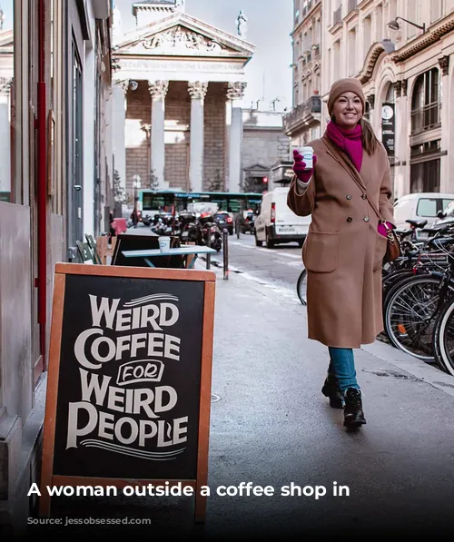 A woman outside a coffee shop in Paris