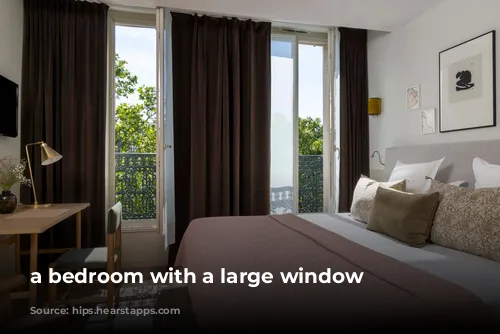 a bedroom with a large window