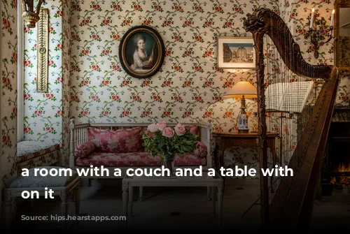 a room with a couch and a table with flowers on it