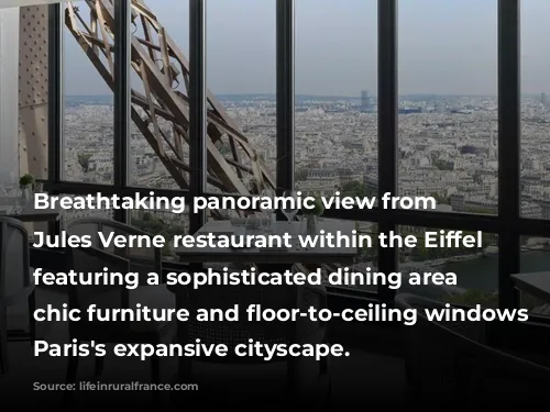 Breathtaking panoramic view from Le Jules Verne restaurant within the Eiffel Tower, featuring a sophisticated dining area with chic furniture and floor-to-ceiling windows overlooking Paris's expansive cityscape.