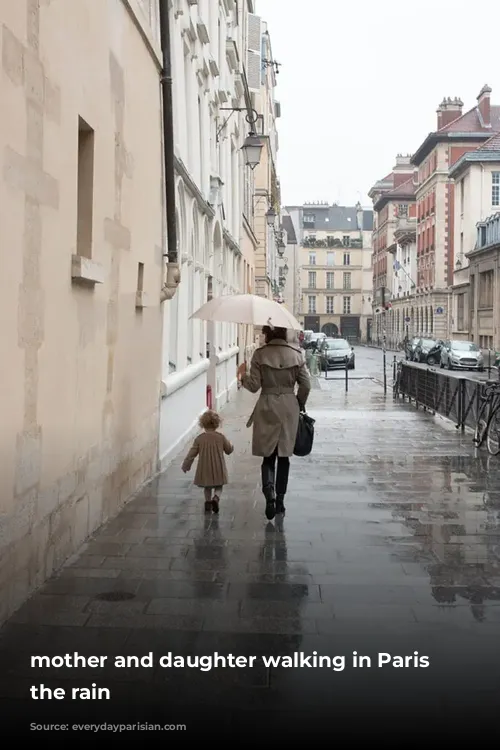 mother and daughter walking in Paris in the rain 