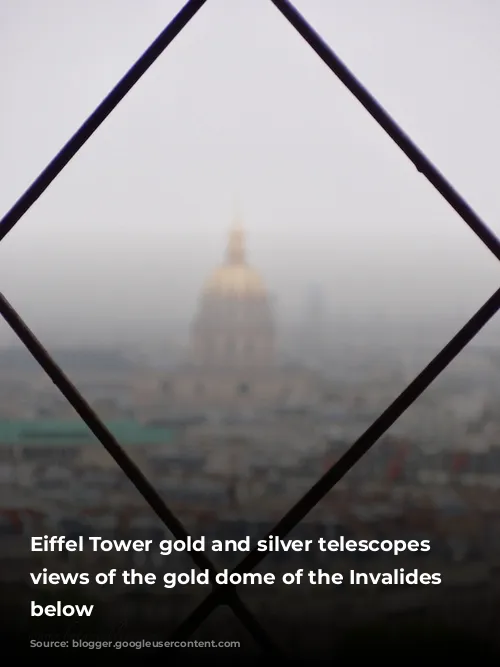 Eiffel Tower gold and silver telescopes offer views of the gold dome of the Invalides Museum below